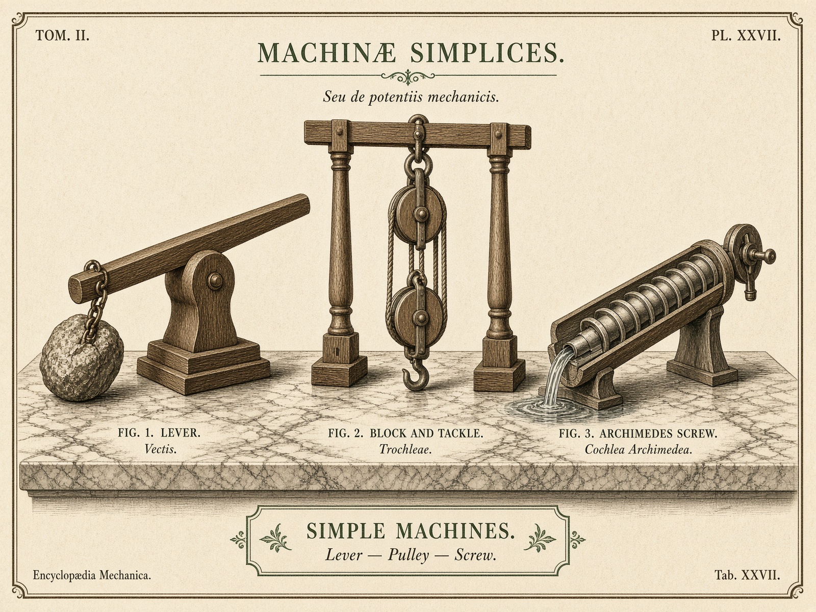 Lever, pulley, and screw